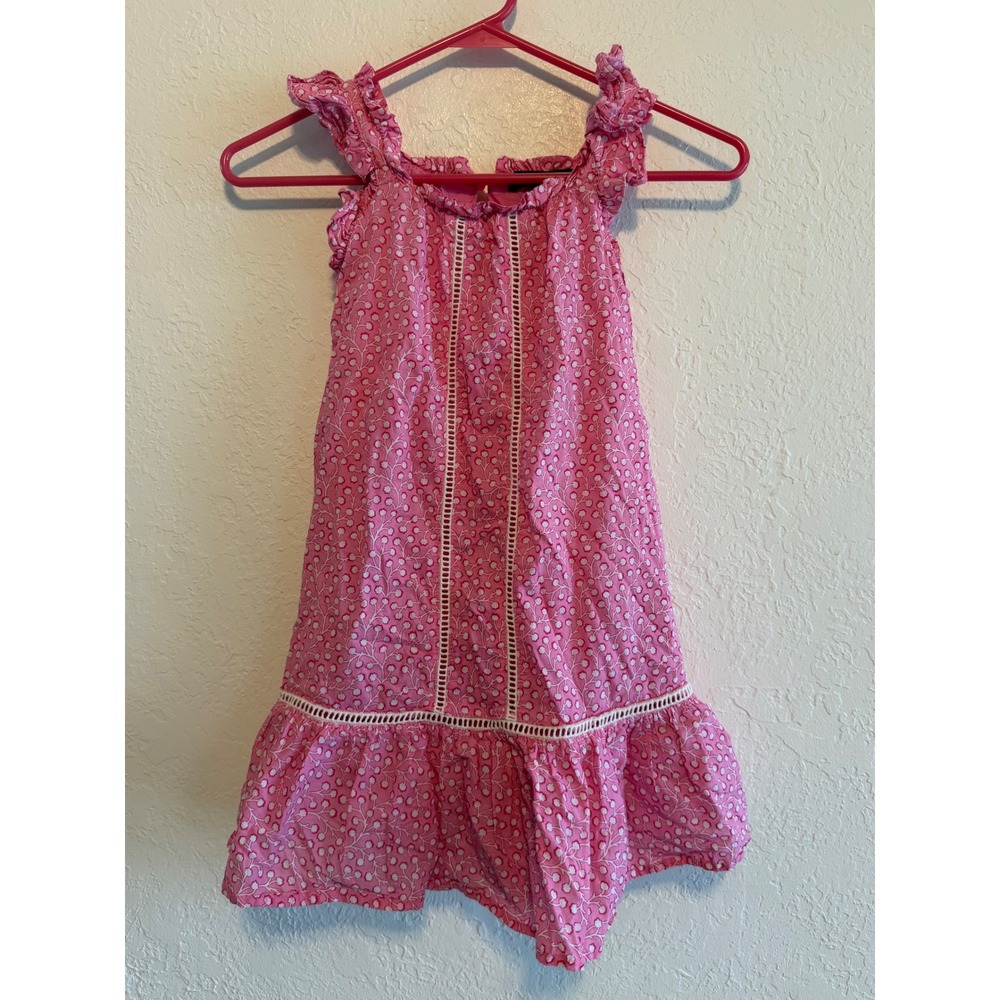French Connection Girls Pink Floral Cotton Ruffle Dress XS 5/6 Ladder Lace Trim
